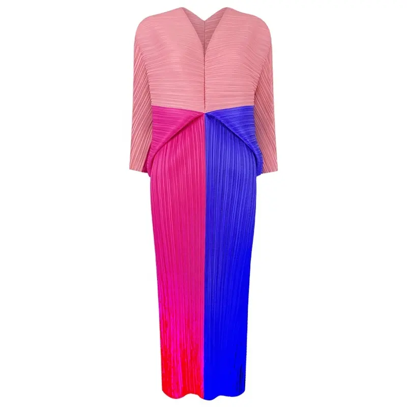 Pleated ढीला Dolman आस्तीन Colorblock वि गर्दन पश्चिमी शैली फैशन स्लिम और टांगना प्लस आकार पोशाक
