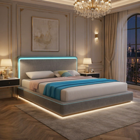 Cadre de lit plateforme en fer réglable avec rangement, rembourré en lin, avec double bande LED, taille King, moderne, profil bas, pour chambre à coucher