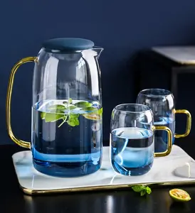 北欧创意蓝色玻璃水罐集热水和冷水玻璃瓶2杯套