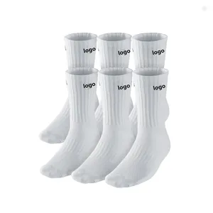 High quality custom design 100 cotton breathable thick cushioned white sports crew socks with jacquard logo