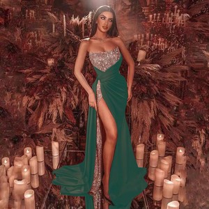 Strapless <b>Sequined</b> Maxi Dress With Slit Empire Waistline Evening Gown <b>Red</b> Blue Green Solid Color Polyester Full Skirt - Product Image 2