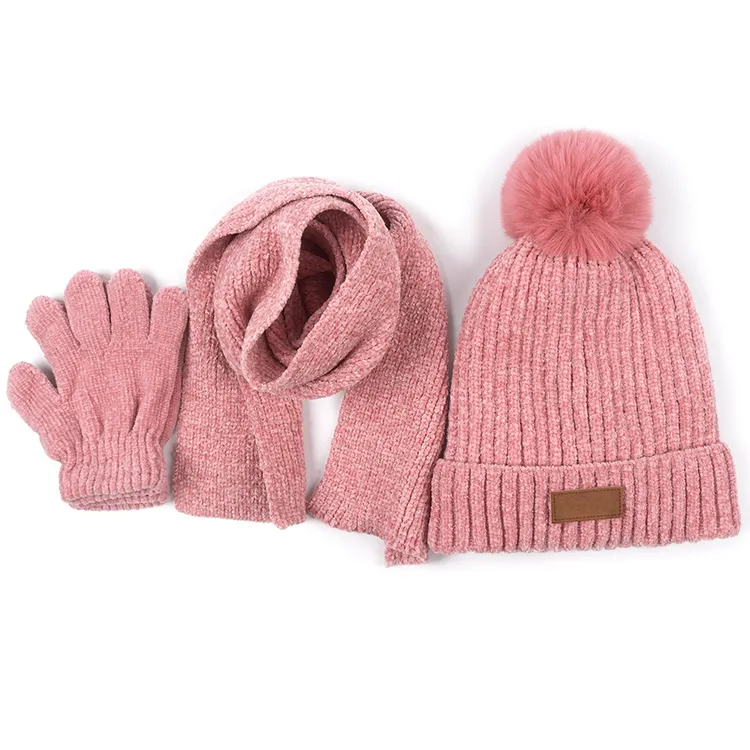 New Arrival Kids Boys Girls Winter Warm Knit Beanie Hat Cap and Scarf Gloves Fleece Set