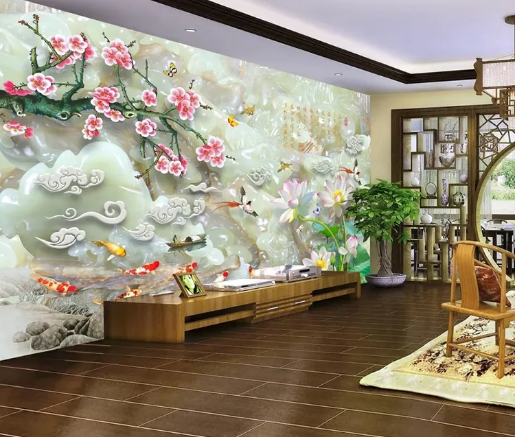 4d non woven custom wall mural floral jade home decoration 3d wallpaper