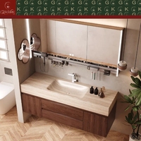 Meuble-lavabo mural moderne GOLDKING en travertin beige avec vasque simple à encastrer et tiroir pour projets de villas et d'appartements