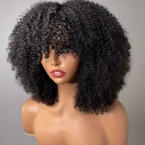 Mesin keriting Afro keriting buatan rambut manusia Wig untuk WANITA HITAM 250% rambut manusia Brasil alami pabrik grosir Wig Bob murah