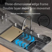 Évier de cuisine intelligent en acier inoxydable 304, multifonctionnel, grand bac unique, pour hôtels et vaisselle, noir