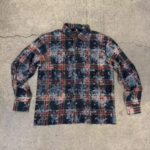 Custom Acid Wash Flannel Shirt Men Rhinestone Embellished Bleached Plaid Vintage <b>Grunge</b> Raw Hem Streetwear <b>Tops</b> - Product Image 1