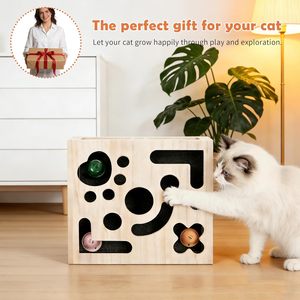 Caja de Enriquecimiento Grande de Madera Maciza para Gatos, Caja de Juego Rascador para Gatos con Tapa Abatible y Cierre, Rascador de Papel de Lija - Product Image 1