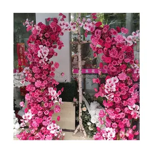 工厂热销粉色花式背景红色玫瑰花转轮花拱形婚礼装饰