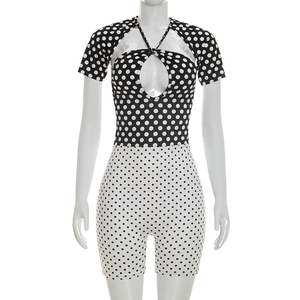 Viviblook D26RP081 Combinaison d'été pour femmes, nouvelle combinaison décontractée sexy à pois, à bretelles, à lacets, à manches courtes pour femmes - Product Image 2