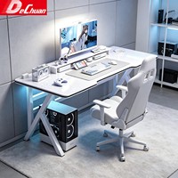 Bureau de jeu moderne blanc avec pieds en X, plateau de rangement arrière et support pour écran
