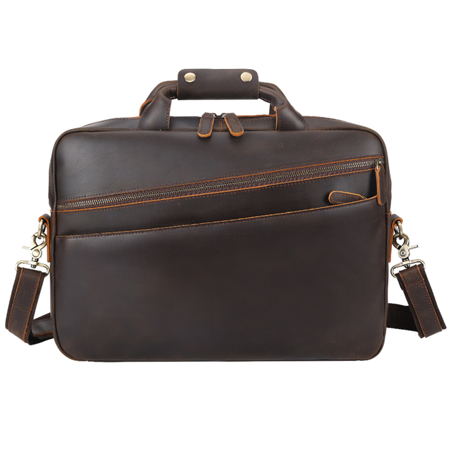 Hot Sale 15.6'' Men's Business Laptop Portfolio Brown Crazy Horse Leather Briefcase Full Grain Genuine Leather Office Briefcase