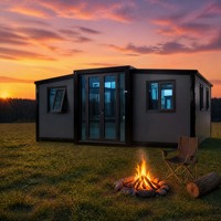Maison préfabriquée modulaire extensible en conteneur, structure en acier, murs en panneaux sandwich, ignifuge, imperméable, résistant au vent, isolée.