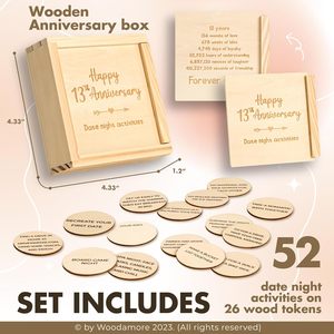 Caja de <span class=keywords><strong>Regalo</strong></span> de Madera Sin Terminar para el <span class=keywords><strong>13</strong></span>.º <span class=keywords><strong>Aniversario</strong></span>, Caja de Almacenamiento de Madera Portátil con 52 Ideas para Citas, <span class=keywords><strong>Regalo</strong></span> de Recuerdo para Esposa o Esposo - Product Image 3