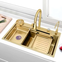 Évier en acier inoxydable durable avec traitement de surface nano doré, fait main, à cuve unique, pour villas, résistant à la corrosion