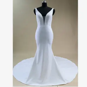 simple styles crepe fabric Ivory sleeveless mermaid sexy deep v neck wedding bridal gowns