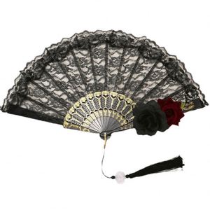 Abanico de mano de encaje colorido QM, abanico de plástico con encaje, regalos personalizados para bodas, abanicos de mano para mujer con dorado en relieve - Product Image 3