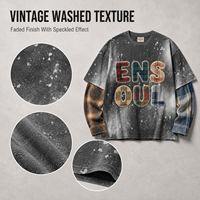 T-shirts surdimensionnés pour hommes à manches longues double couche personnalisés, effet délavé vintage, avec appliques écossaises et patchwork, peinture par pulvérisation