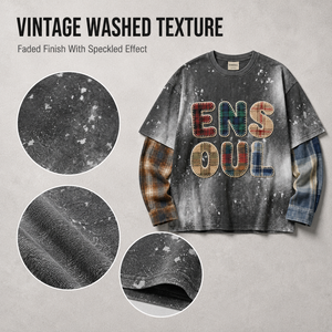 T-shirt Oversize da <span class=keywords><strong>Uomo</strong></span> Personalizzata a Doppio Strato a Maniche Lunghe, con Lavaggio Vintage, Applicazioni a <span class=keywords><strong>Quadri</strong></span> e Patchwork, Verniciatura Spray - Product Image 4