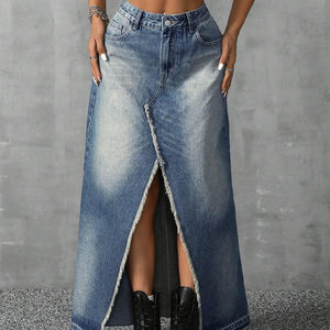 المرأة عارضة نمط عالية الخصر المتعثرة الجينز طويل تنورة Bodycon ممزق انقسام صورة ظلية مستقيم جيوب زر الديكور - Product Image 5