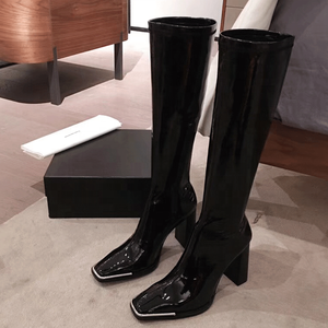 Botas Altas de Mujer con Tacón Grueso y Punta Cuadrada, con Cremallera Lateral, de Charol, hasta la Rodilla - Product Image 4