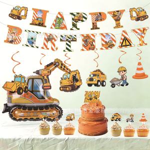 Ensemble de décoration pour fête d'anniversaire sur le thème des véhicules de construction avec bannière, décorations pour gâteaux et ornements suspendus pour enfants de 2 à 4 ans - Product Image 4