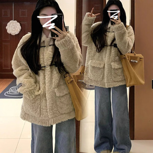 Women's Mid Length Shearling Coat Milk Apricot Color Faux Fur Winter Plush Top Slim Fit Outerwear - Product Image 2