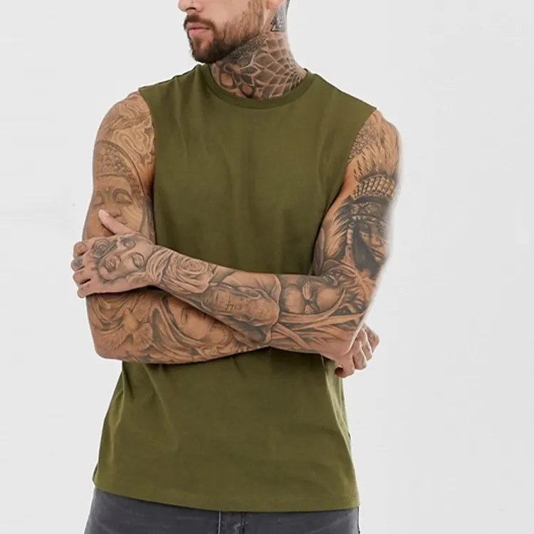 2021 High Quality Cut Off Shirt Curved Hem Tank Top Men Olive 95% Cotton 5% Elastane Deep Cut Muscle Tee