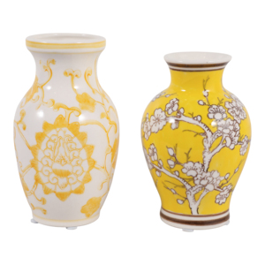 Vaso in Ceramica con Design Floreale Chinoiserie, Giallo e Bianco, Pezzo Decorativo per Soggiorno - Product Image 1