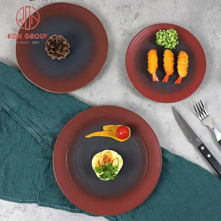 Degrade kırmızı siyah pişmiş toprak kil düz tabaklar restoran mutfak tatlı biftek yemek ucuz toptan yemek tabakları