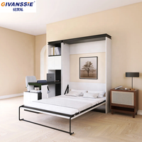 Lit mural vertical moderne et peu encombrant avec bureau intégré et étagère, design modulaire pliable, panneaux en bois de pin et mélamine, facile à assembler