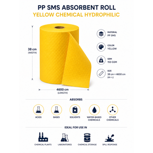แผ่นดูดซับสารเคมีสีเหลืองชนิดดูดซับน้ำได้ ผลิตจากโพลีโพรพิลีน 100% SMS ขนาด 38x4600 ซม. สำหรับงานอุตสาหกรรม - Product Image 2