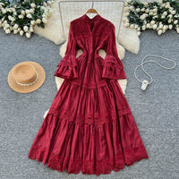 Robe longue décontractée pour femme, élégante, avec empiècements en dentelle, coupe trapèze, col montant, manches évasées, style vintage, pour le quotidien et les vacances