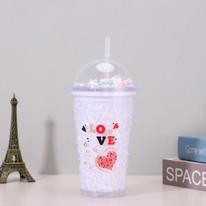450ml Romantic Love Heart Eiffel Tower Print Double Wall <b>Plastic</b> Tumbler with Straw Dome Lid Pastel Pom Pom Beads Decor for Love - Product Image 2
