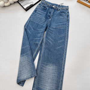 High <b>Waist</b> Wide Leg Jeans with <b>Chain</b> <b>Waist</b> Detail Vintage Wash Denim Pants - Product Image 1
