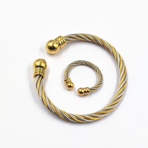 Tính Khí Thép Không Gỉ Vàng Hạt Ba Tông C Hình Sọc Bện Dây Điều Chỉnh Vòng Bangle - Product Image 1