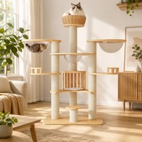 Arbre à chat multi-niveaux en bois avec poteau à gratter en sisal, bol en acrylique, perchoir, panier en osier, grande tour d'escalade, mobilier d'intérieur
