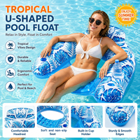 Chaise flottante gonflable en PVC en forme de U avec porte-gobelet et dossier, motif feuilles tropicales, pour adultes, pour piscine et lac, été