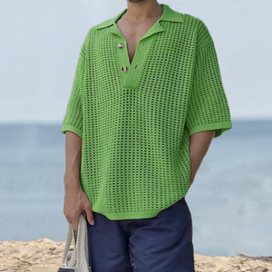Nova Coleção Primavera Verão: Suéter Masculino de Tricô Solto com Gola Virada e Detalhes Vazados em Cor Sólida – Moda e Conforto. - Product Image 5