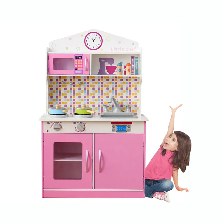 wholesale wooden children's pretending cooking game set promotion customized baby kitchen set toy girls 1set for Barbi pink