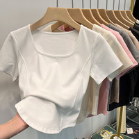 Camiseta de verano para mujer con cuello cuadrado, manga corta, dobladillo curvo, escote amplio, ajuste ceñido, diseño de espina de pescado, teñido liso, color sólido, larga