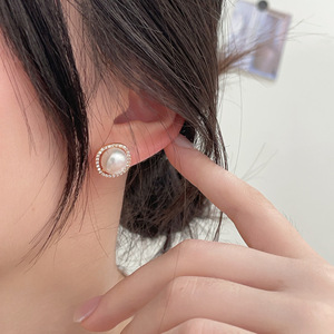 Kaiming S925 Sterling <b>Silver</b> Pearl <b>Stud</b> Earrings With Zircon Circular Geometry Everyday Wear - Product Image 3