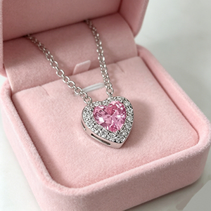 Brass Gold Plated Pink Heart CZ Halo Pendant Necklace Women Trendy Fashion Jewelry Wholesale - Product Image 2