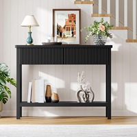 Table console moderne à poignée étroite et sans poignée, noire, à nervures, avec 2 tiroirs, étagère ouverte, table d'entrée, table de canapé