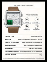 Montres pour homme Binbond B3332 3332, design tendance, grand cadran carré, analogique à quartz, double affichage LED numérique, acier inoxydable/cuir