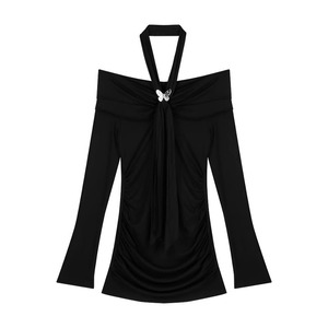 Off The Shoulder Purple Long Sleeve Halter Dress Bodycon Mini Skirt With Bow Wrap Tie Design For Women Spring Fashion - Product Image 5
