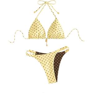 Conjunto de Bikini Personalizado para Mujer con Estampado de Lunares, Top Triangular Halter, Traje de Baño de Dos Piezas con Ribete en Contraste, Ropa de Playa Elástica - Product Image 2