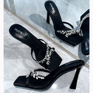 Women's Fashion Slippers 2025 Summer New Rhinestone Square Toe Temperament High Heels - Product Image 5