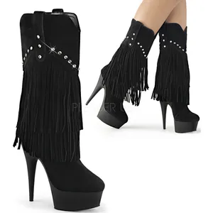 Exotic Dancer Cross 15cm stiletto shoes 6inch Fringe pole dance Boots Models Black Sexy Fetish suede model Party boots high heel