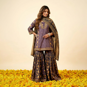 Traditional <b>Indian</b> Women's Purple Cotton Floral Print <b>Kurti</b> Sharara Set Loose Fit Floor-Length Casual All Season Ethnic Wear - Product Image 1